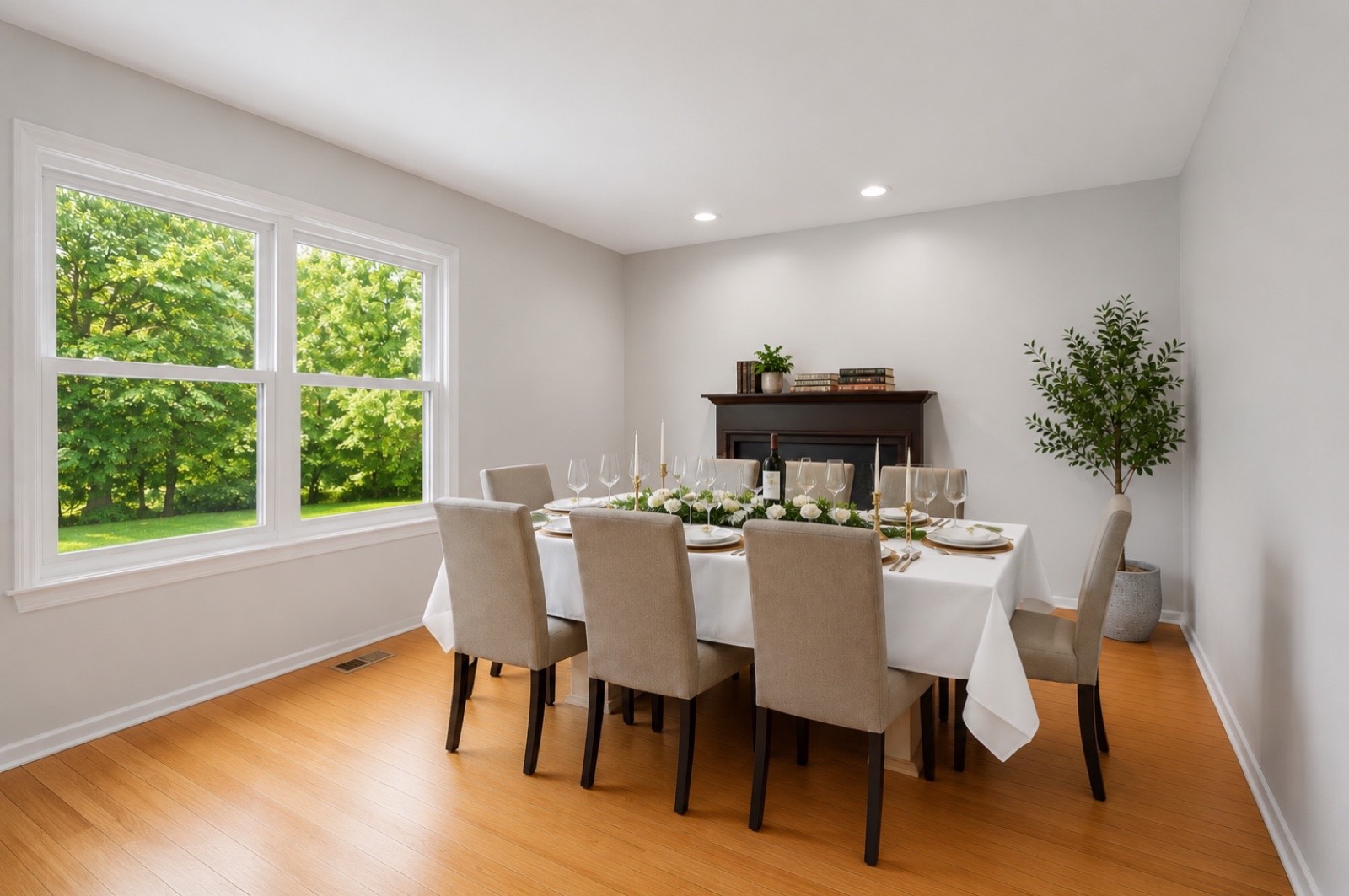 The formal dining room set for dinner